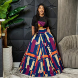 Fashionable summer short top with large side slit skirt printing two-piece set