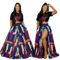 Fashionable summer short top with large side slit skirt printing two-piece set Fashionable summer short top with large side slit skirt printing two-piece set