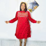 Round neck long sleeves hot drill plus size lace dress