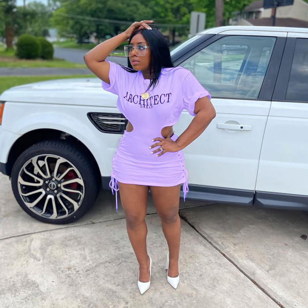 Hollow eyelet dolman sleeves with lettering on both sides of the waist Casual skirt