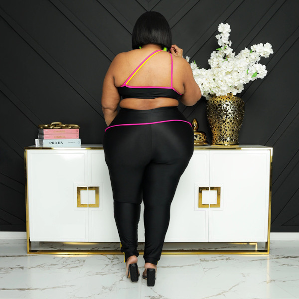 Fashion sexy wrap chest leak back tight fit large size two-piece set