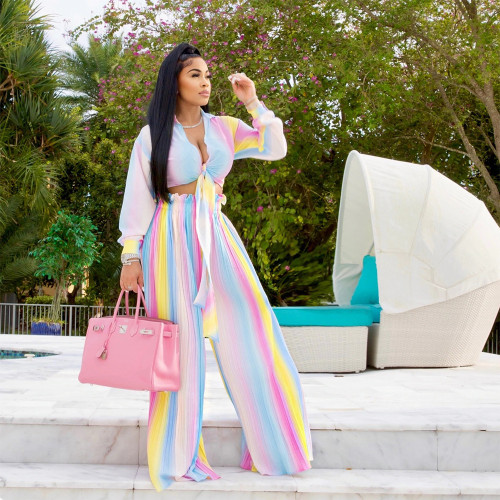 Fashion Sexy Deep V Neck Strap Ladies Loose Wide Leg Pants + Top