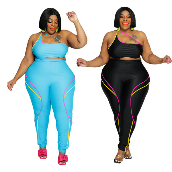 Fashion sexy wrap chest leak back tight fit large size two-piece set