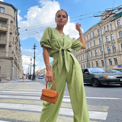 French Casual Puff Sleeve Shirt Suit Women Loose High Waist Wide Leg Pants Green
