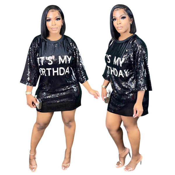 Fashion Round Neck Half Sleeve Loose Sequin Print Dress Women's Party Sequins Nightclub Style