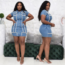Pack hip A-line short-sleeved short skirt bubble bead craft denim dress Pack hip A-line short-sleeved short skirt bubble bead craft denim dress