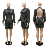 Sexy revealing backpack hip A-line hot diamond dress spring and summer new perspective long-sleeved hanging neck women's clothing