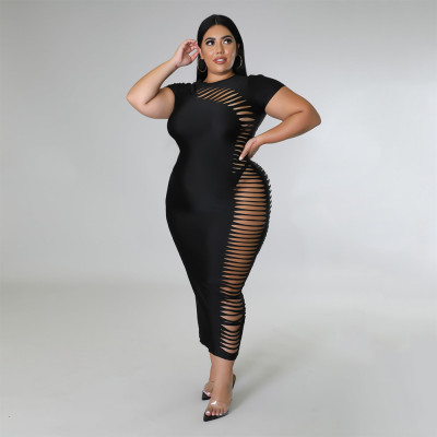 Fashion New Side Hollow Short Sleeve Round Neck Summer Dress Large Size Women's