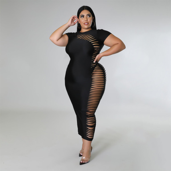 Fashion New Side Hollow Short Sleeve Round Neck Summer Dress Large Size Women's