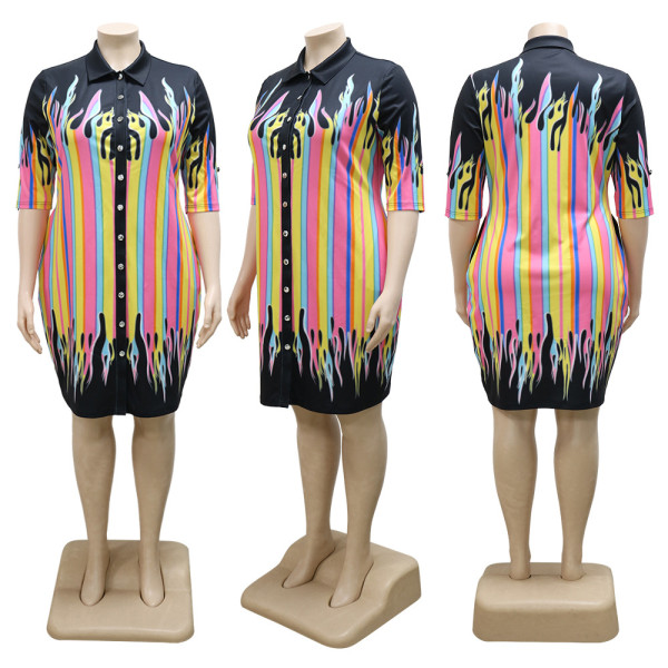 Positioning Burning Flower Loose Large Size Dress Lapel Short Sleeves