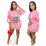 Fashion Round Neck Half Sleeve Loose Sequin Print Dress Women's Party Sequins Nightclub Style