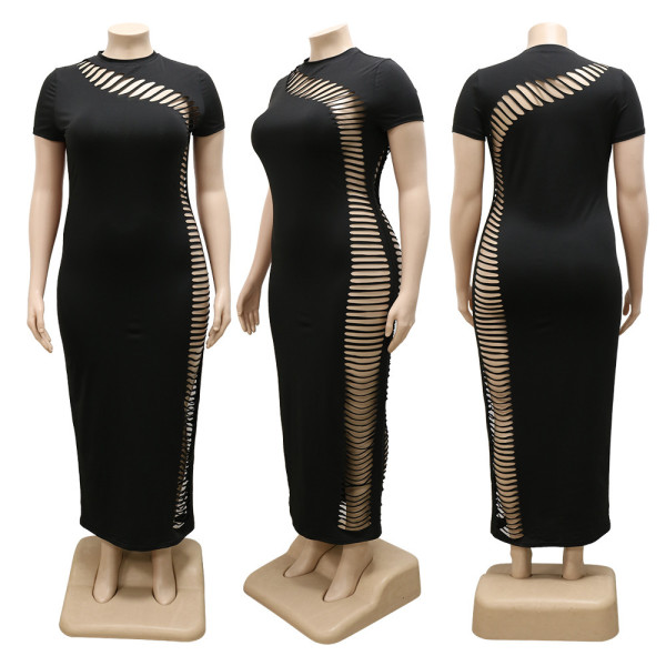 Fashion New Side Hollow Short Sleeve Round Neck Summer Dress Large Size Women's