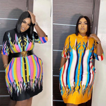 Positioning Burning Flower Loose Large Size Dress Lapel Short Sleeves