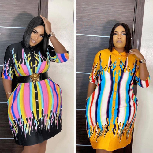 Positioning Burning Flower Loose Large Size Dress Lapel Short Sleeves