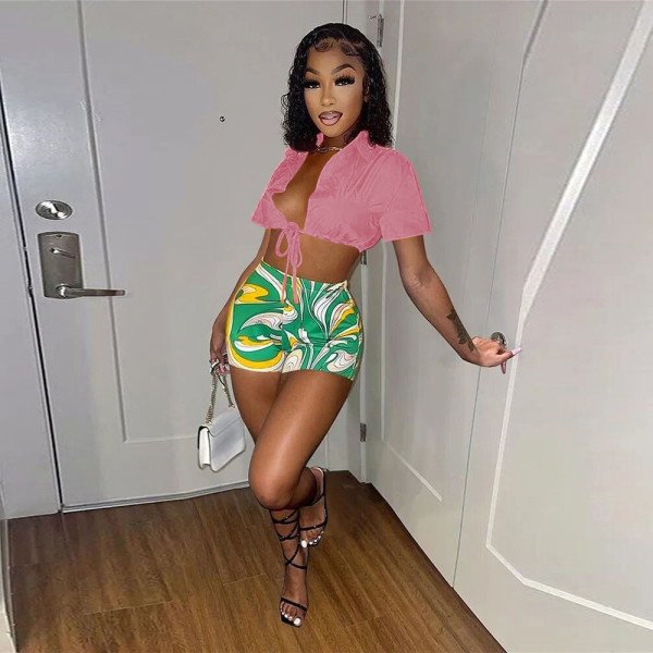 Shirt lace-up shorts printed tracksuit