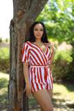 Women's Stretch Stripe Short Sleeve High Waist Jumpsuit (with Pockets)