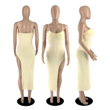 Sexy suspenders low-cut open-back solid color slim-fit slit bag hip dress