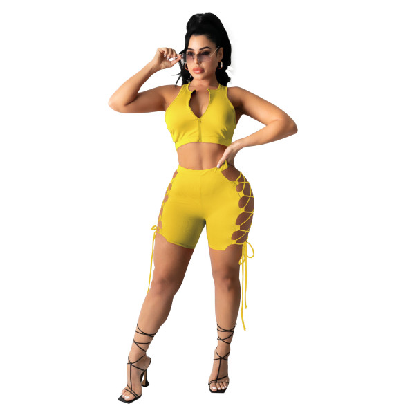 Trendy Sleeveless Zipper Hollow Bandage Two Piece Suit Women