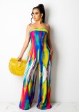 Printed tie-dye lace-up wide-leg jumpsuit