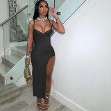 Sexy suspenders low-cut open-back solid color slim-fit slit bag hip dress