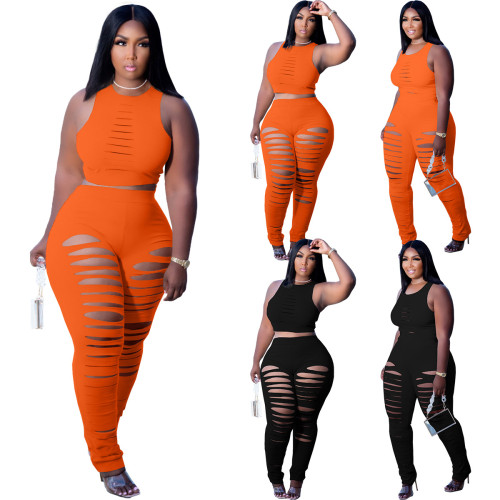 Women's Burning Flowers and Holes Two-piece Large Size Women's Clothing