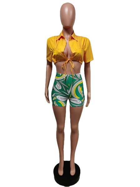 Shirt lace-up shorts printed tracksuit