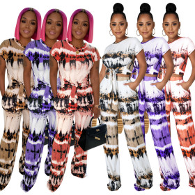 Printed tie-dye lace-up wide-leg two-piece