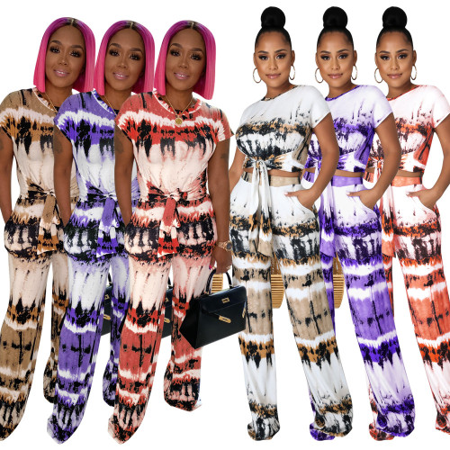 Printed tie-dye lace-up wide-leg two-piece