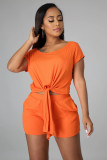 Round neck short sleeve self-tie tie two-piece set