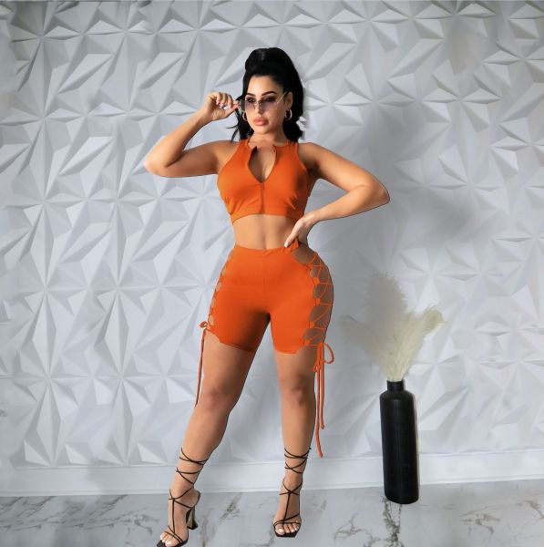 Trendy Sleeveless Zipper Hollow Bandage Two Piece Suit Women