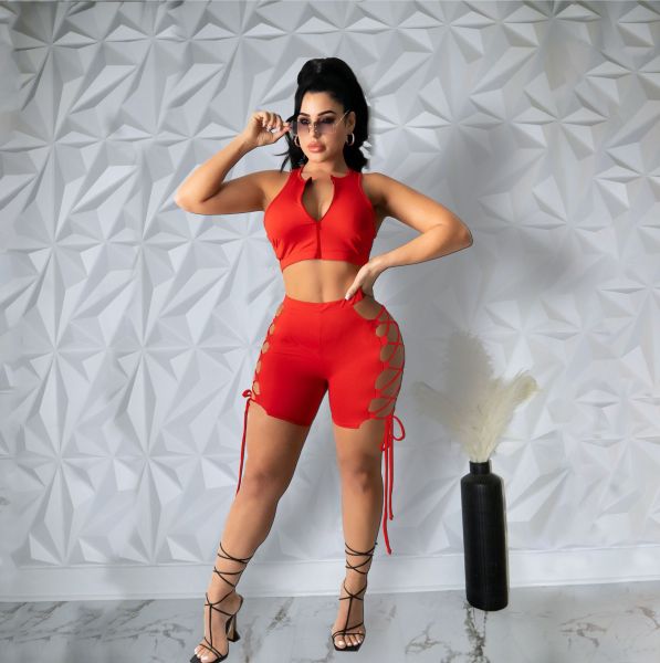 Trendy Sleeveless Zipper Hollow Bandage Two Piece Suit Women