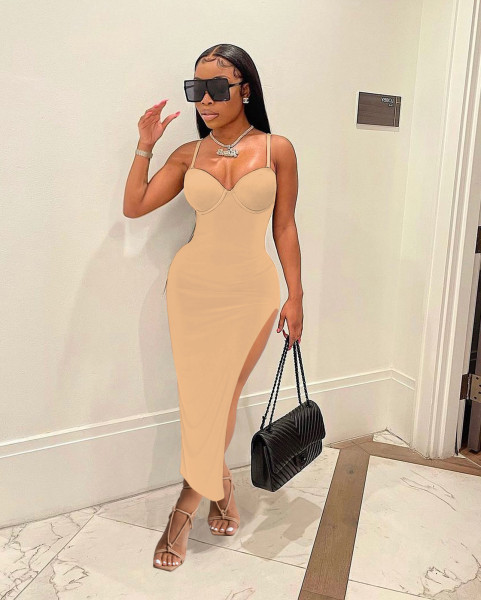 Sexy suspenders low-cut open-back solid color slim-fit slit bag hip dress