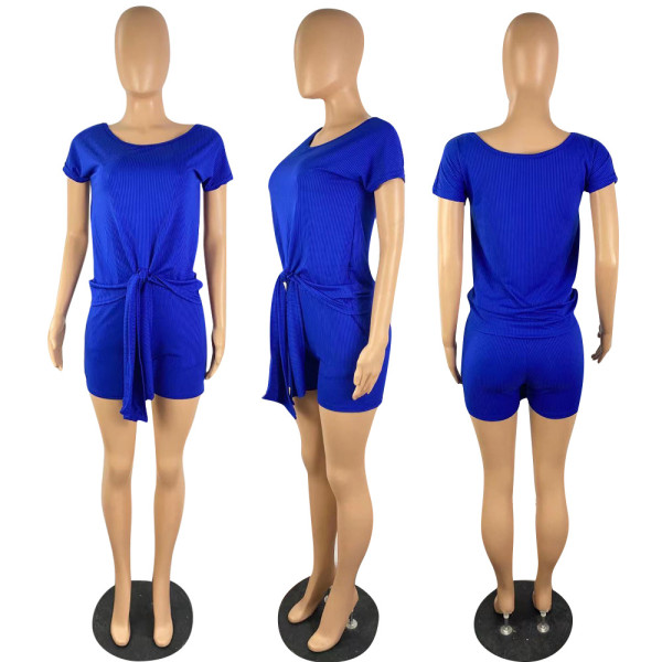 Round neck short sleeve self-tie tie two-piece set
