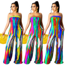Printed tie-dye lace-up wide-leg jumpsuit