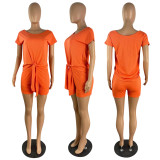 Round neck short sleeve self-tie tie two-piece set