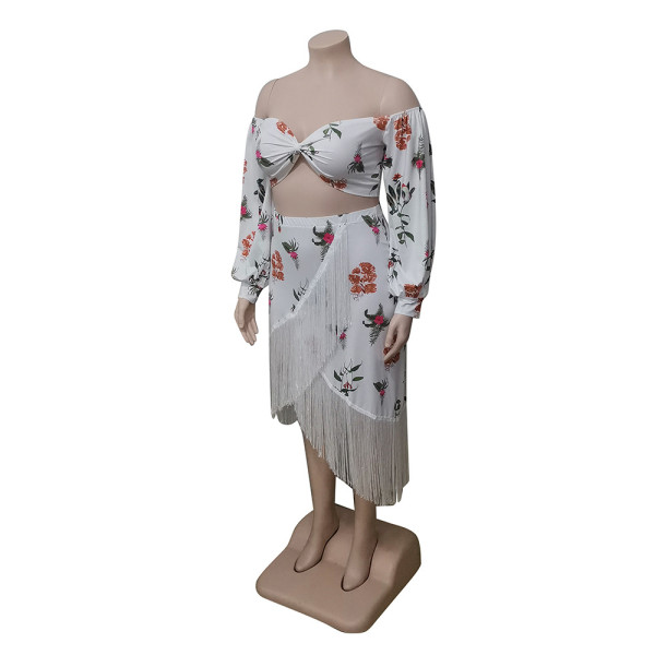 Plus size women's clothing Tassel plus size two-piece set Floral off-shoulder tassel plus size two-piece set