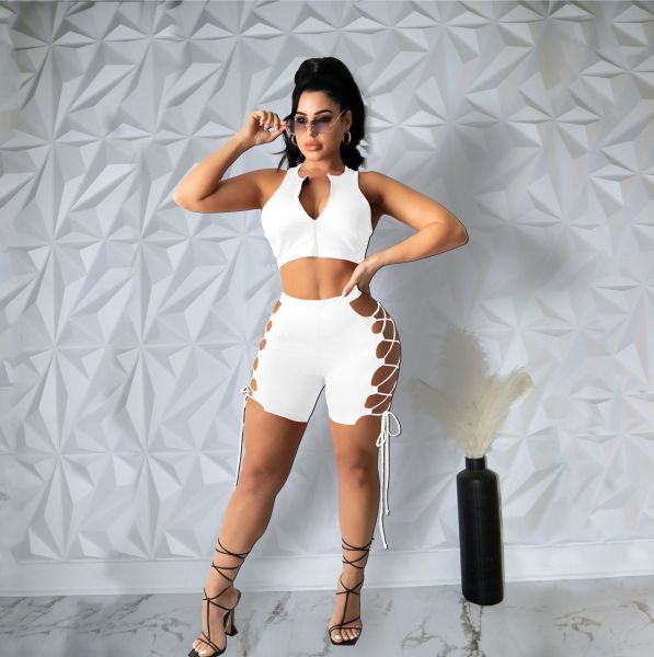 Trendy Sleeveless Zipper Hollow Bandage Two Piece Suit Women