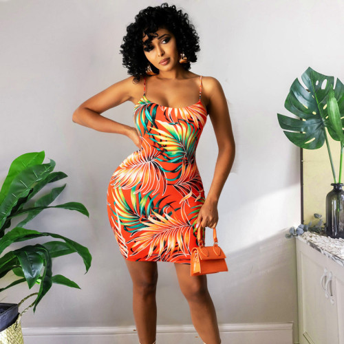 Sling Leaf Print Dress Resort Beach Hip Dress