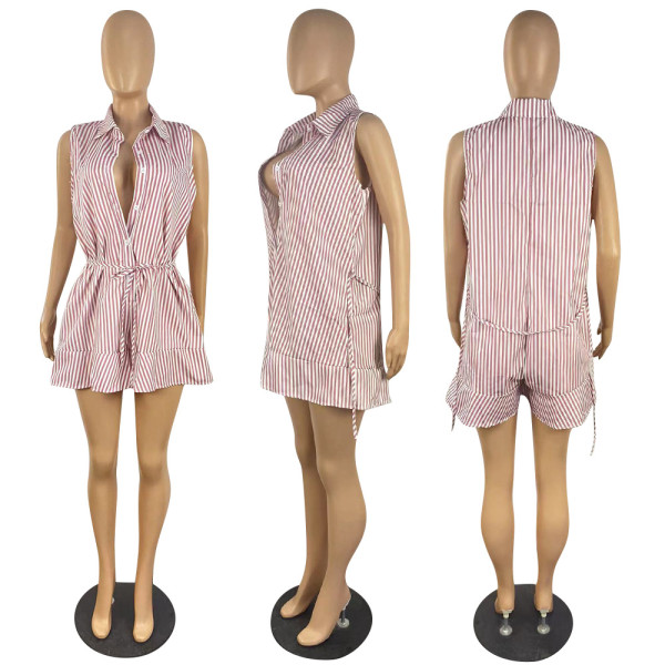 Striped Button Tie Loose Jumpsuit