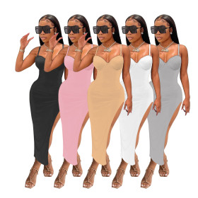 Sexy suspenders low-cut open-back solid color slim-fit slit bag hip dress