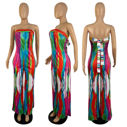 Printed tie-dye lace-up wide-leg jumpsuit