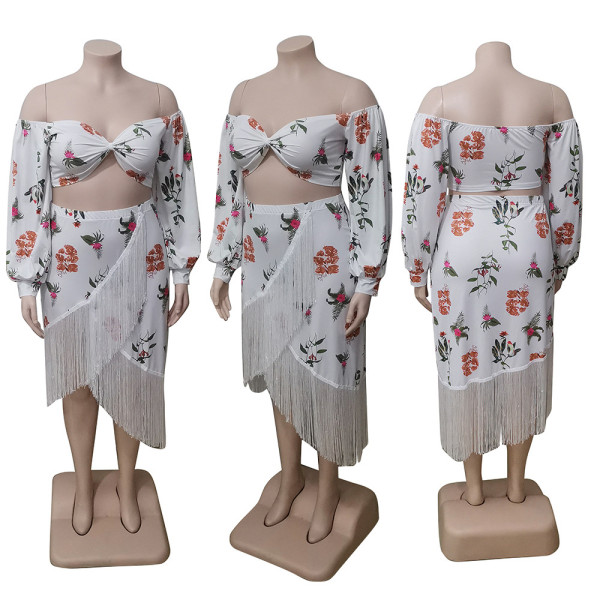 Plus size women's clothing Tassel plus size two-piece set Floral off-shoulder tassel plus size two-piece set