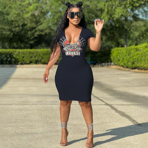 Fashion casual sexy big V-neck dress