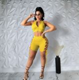 Trendy Sleeveless Zipper Hollow Bandage Two Piece Suit Women