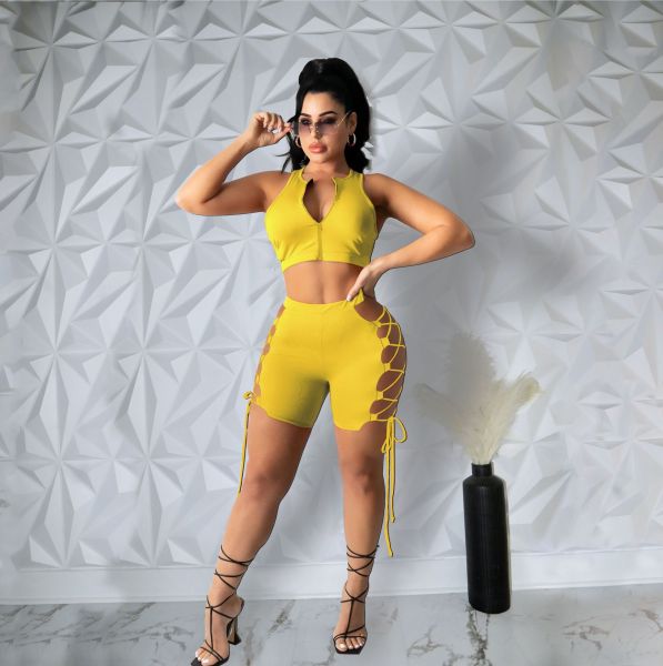 Trendy Sleeveless Zipper Hollow Bandage Two Piece Suit Women