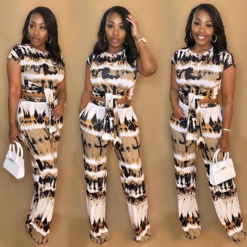 Printed tie-dye lace-up wide-leg two-piece