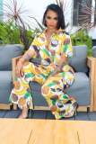 Fashion Lapel Casual Print Short Sleeve Shirt Trousers Beach Suit