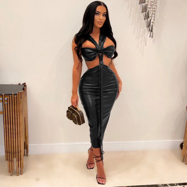 Halter neck tied PU dress Tight faux leather sexy nightclub maxi dress