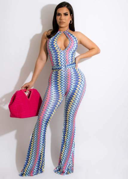 Cutout Halter Sexy Skinny Wavy Flared Pants Print Jumpsuit