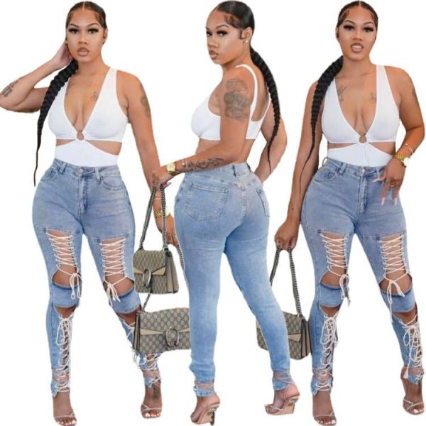 Fashion Eyelet Tie Washed Casual Skinny Sexy Stretch Jeans